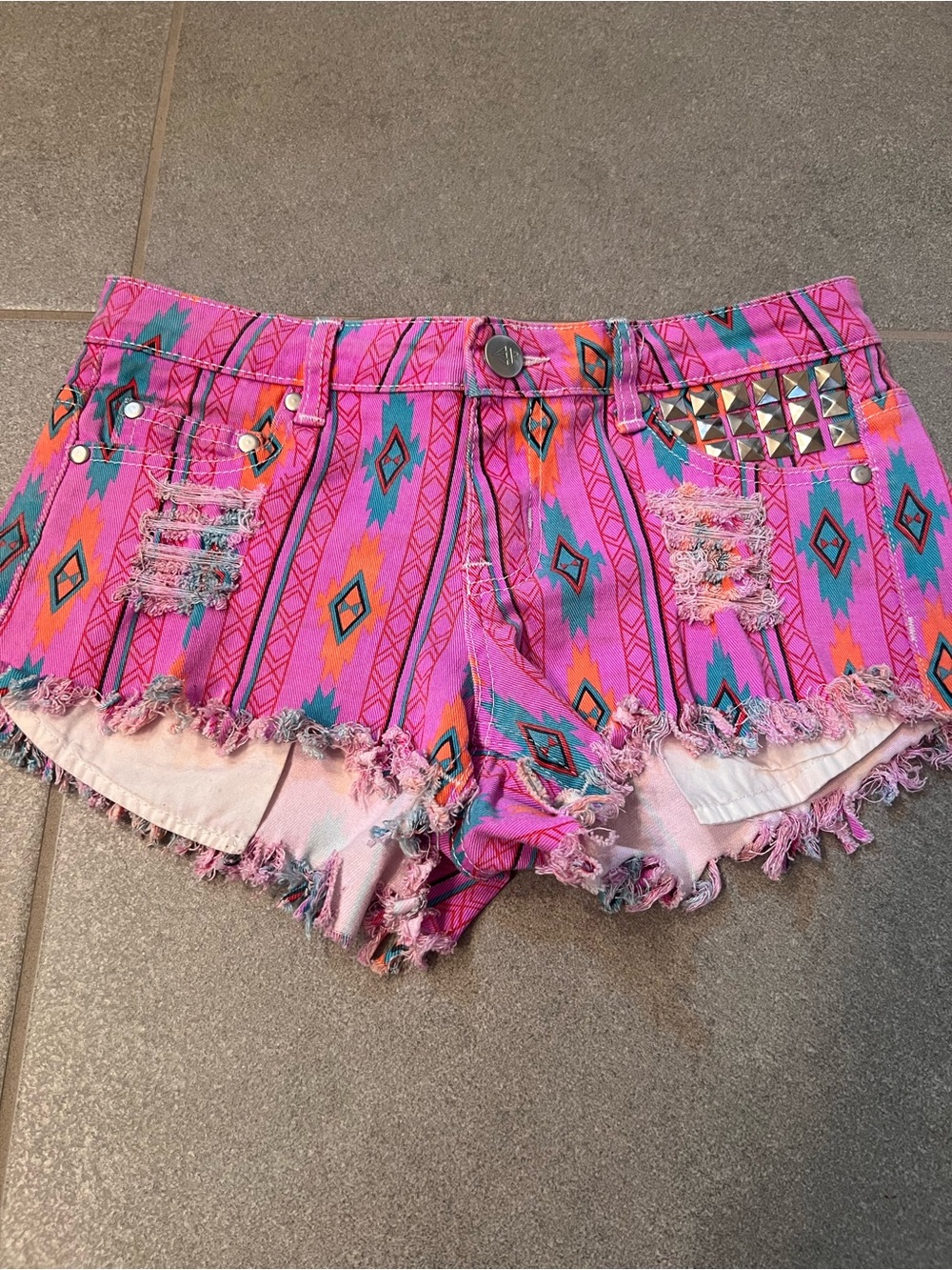 Pink Studded Aztec Cutoff Shorts